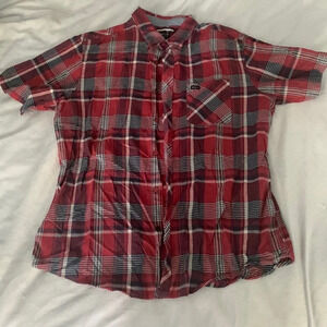 Rvca Men’s size large short sleeve button down shirt plaid red navy cream gray
